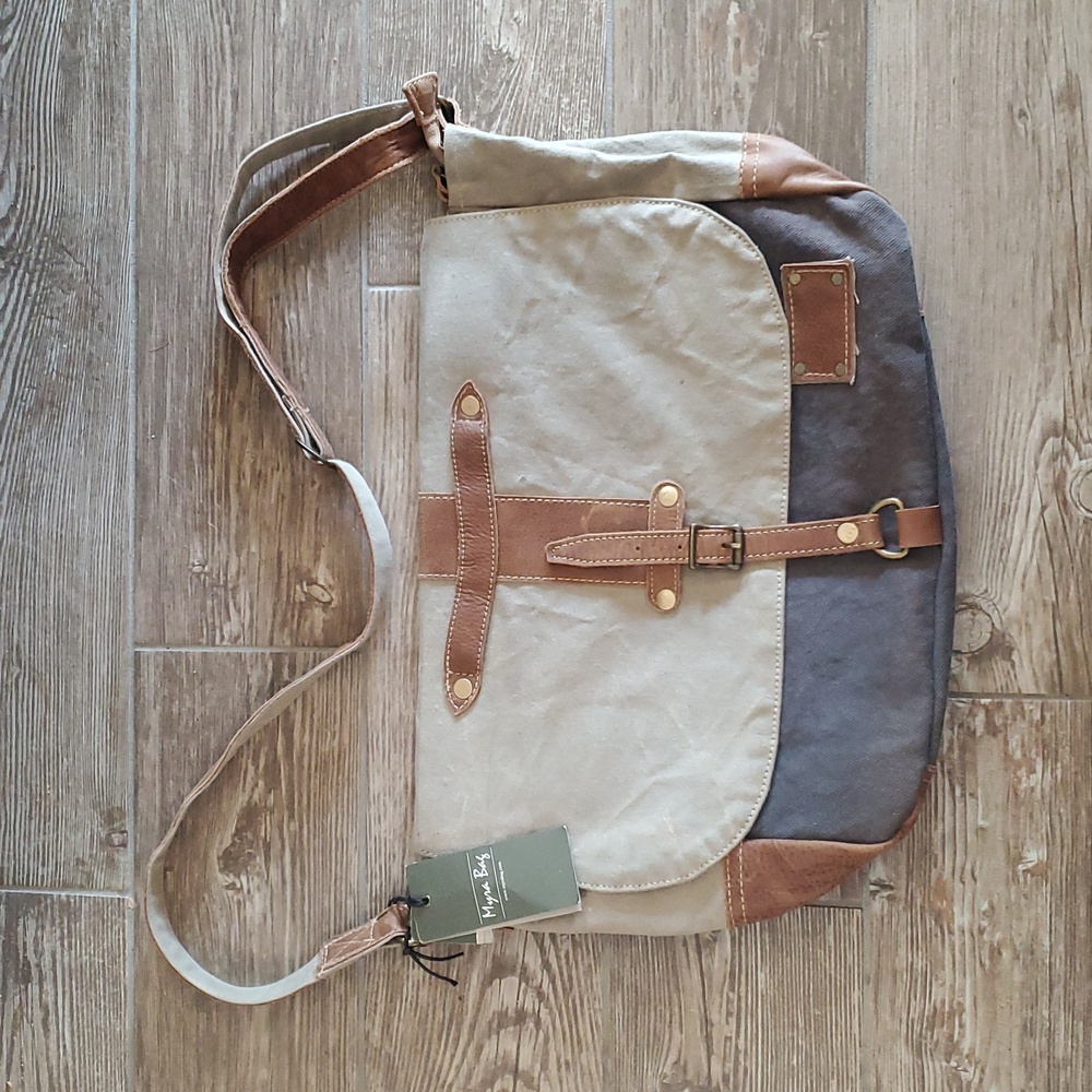 Myra Bag Tan and Gray Overflap Messenger Bag